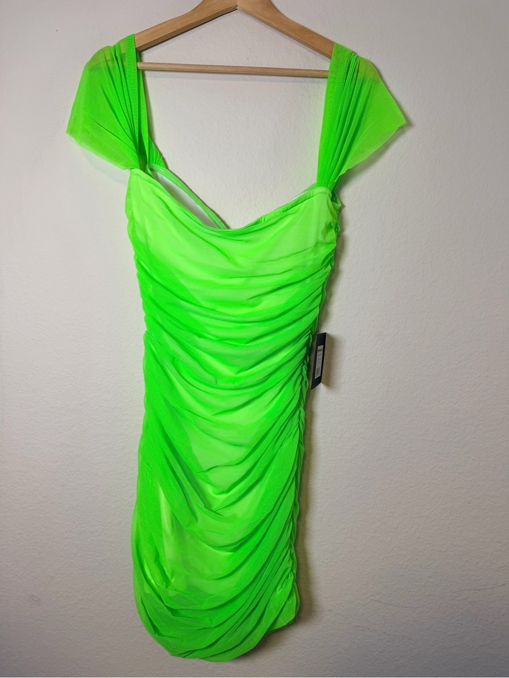 NWT Norma Kamali Walter Ruched Mesh Mini Dress Neon Green L - Picture 6 of 8